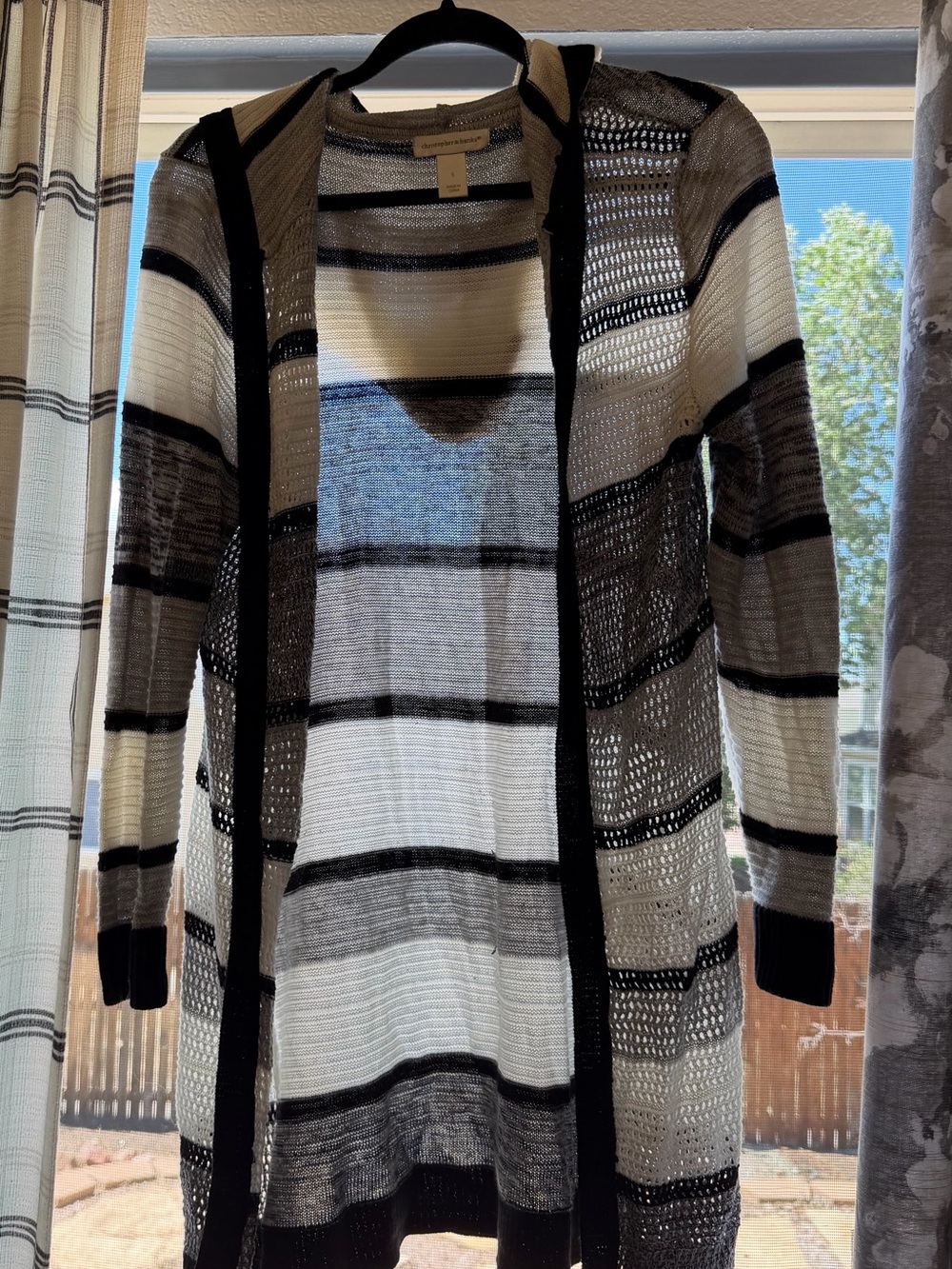 Christopher & Banks Black, White & Gray Striped Open-Front Hooded Cardigan